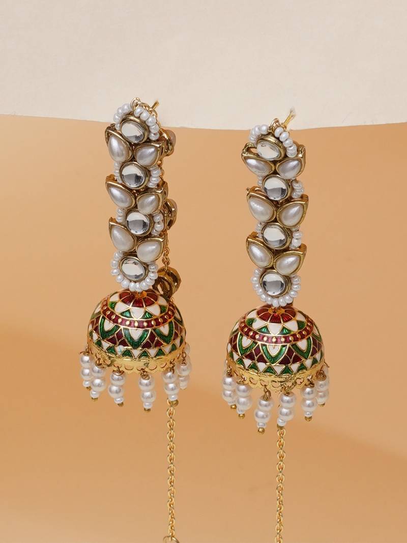 red alloy earrings with kundan meenakari jhumki