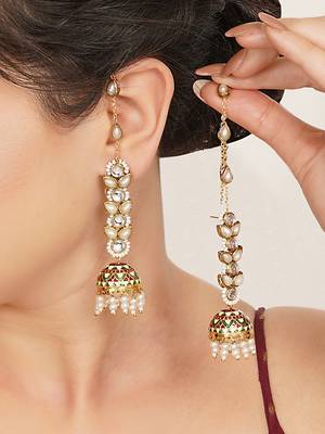 red alloy earrings with kundan meenakari jhumki 2