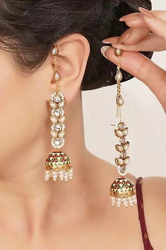 red alloy earrings with kundan meenakari jhumki
