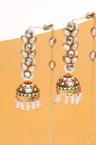 red alloy earrings with kundan meenakari jhumki