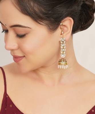 red alloy earrings with kundan meenakari jhumki 4