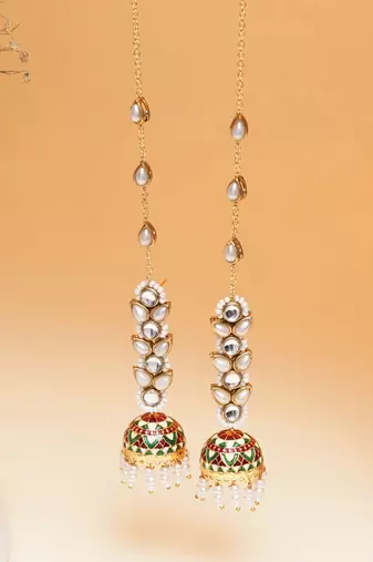 red alloy earrings with kundan meenakari jhumki