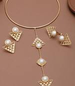 golden brass necklace set with pearl geometric design