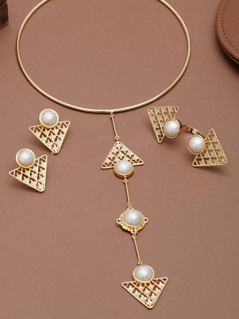 golden brass necklace set with pearl geometric design