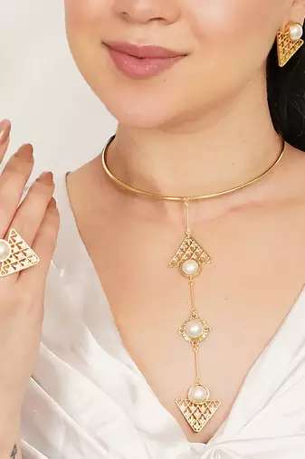 golden brass necklace set with pearl geometric design