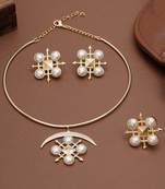 gold brass necklace set with pearl crescent design