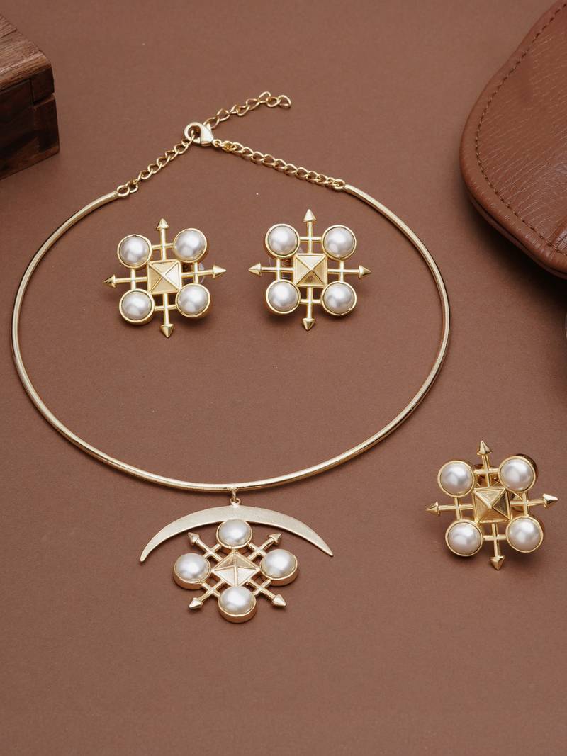 gold brass necklace set with pearl crescent design