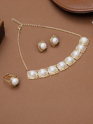 golden brass necklace set with halo pearl work 1