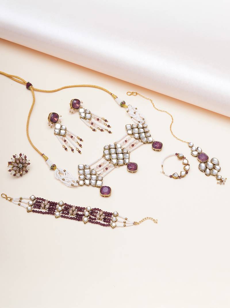 purple alloy necklace set with kundan bridal work