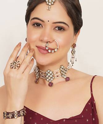 purple alloy necklace set with kundan bridal work 2