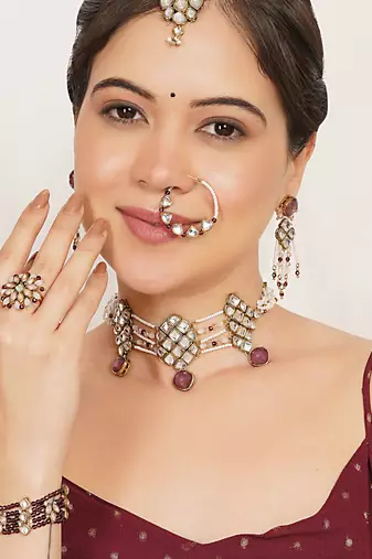 purple alloy necklace set with kundan bridal work