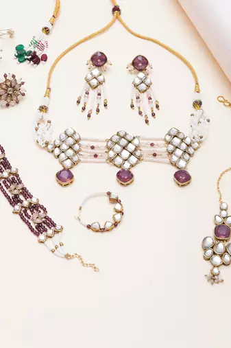purple alloy necklace set with kundan bridal work