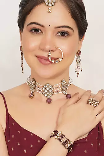 purple alloy necklace set with kundan bridal work