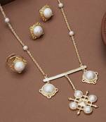 gold brass necklace set with pearl compass design