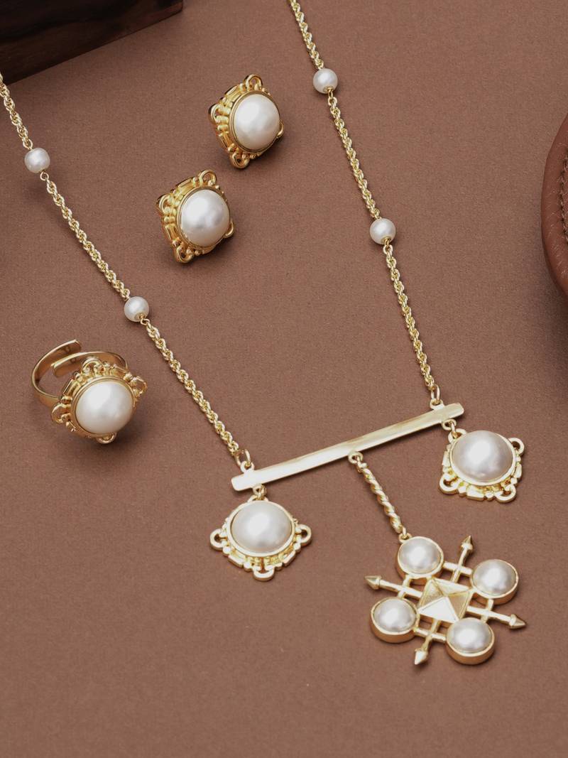 gold brass necklace set with pearl compass design