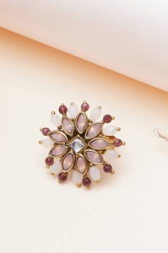 blush alloy ring with kundan floral design