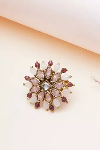 blush alloy ring with kundan floral design