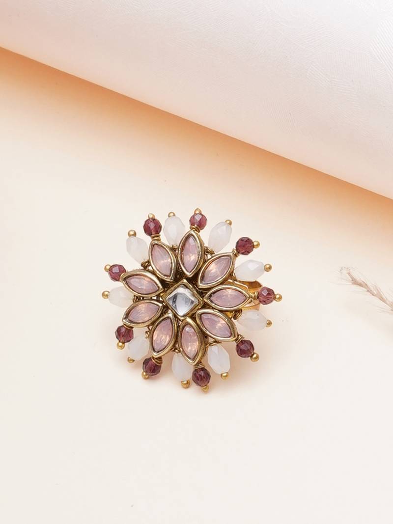 blush alloy ring with kundan floral design