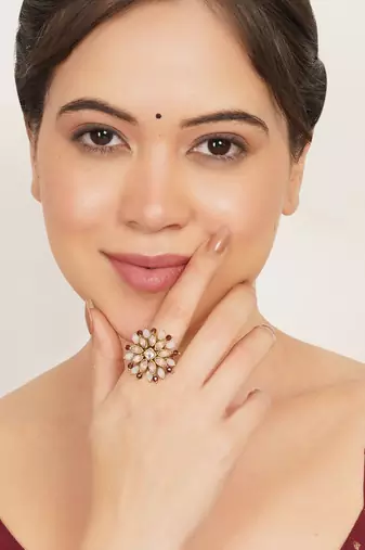 blush alloy ring with kundan floral design