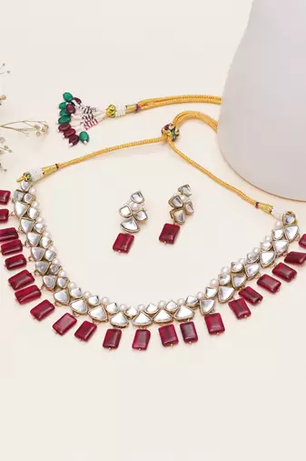 red alloy necklace set with kundan ruby drop