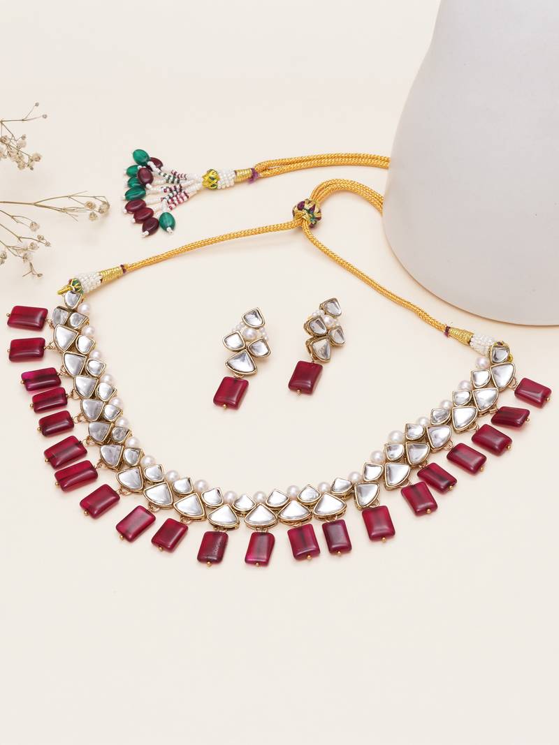 red alloy necklace set with kundan ruby drop
