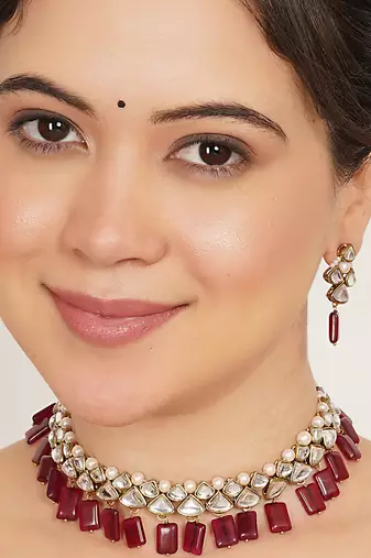 red alloy necklace set with kundan ruby drop