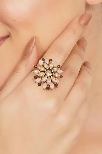 blush alloy ring with kundan floral design