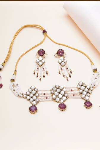 purple alloy necklace set with kundan work