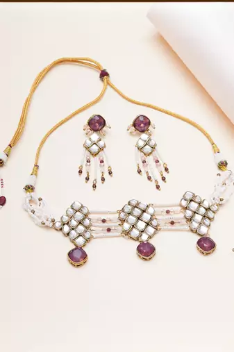 purple alloy necklace set with kundan work