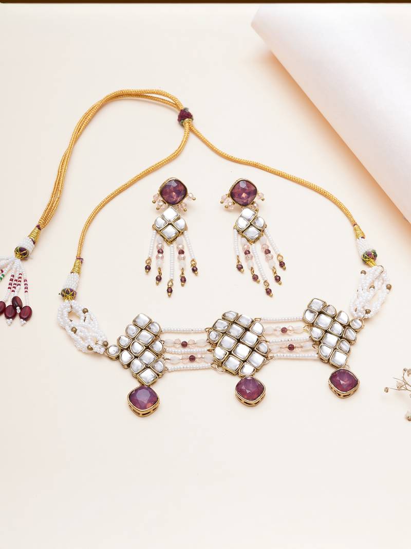 purple alloy necklace set with kundan work
