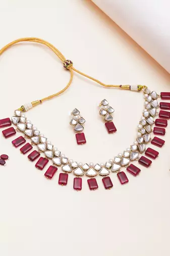 red alloy necklace set with kundan ruby drop