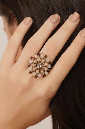 blush alloy ring with kundan floral design