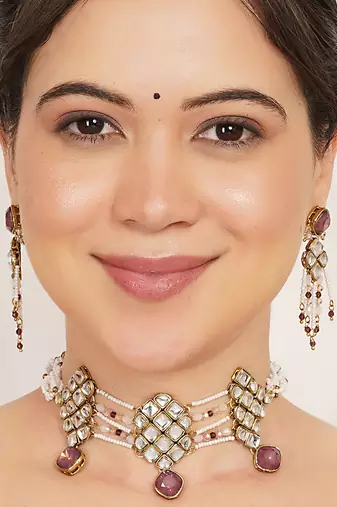 purple alloy necklace set with kundan work