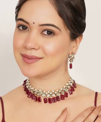 red alloy necklace set with kundan ruby drop 4