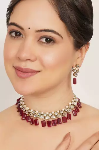 red alloy necklace set with kundan ruby drop