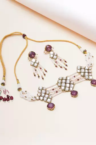 purple alloy necklace set with kundan work
