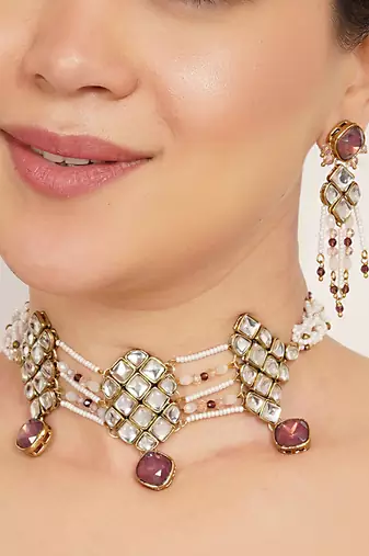 purple alloy necklace set with kundan work