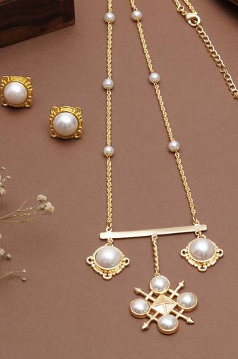 golden brass necklace set with pearl drop pendant