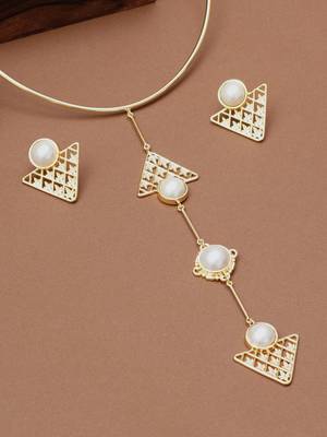 gold brass necklace set with pearl geometric drop 1