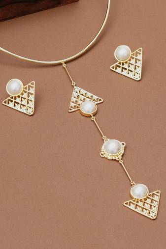 gold brass necklace set with pearl geometric drop