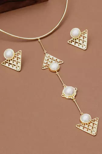 gold brass necklace set with pearl geometric drop