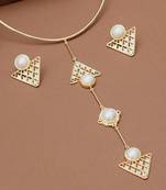 gold brass necklace set with pearl geometric drop