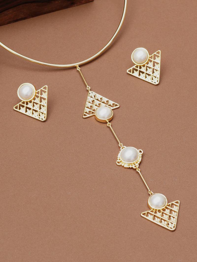 gold brass necklace set with pearl geometric drop