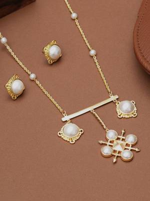 golden brass necklace set with pearl drop pendant 2