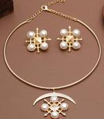golden brass necklace set with pearl crescent work