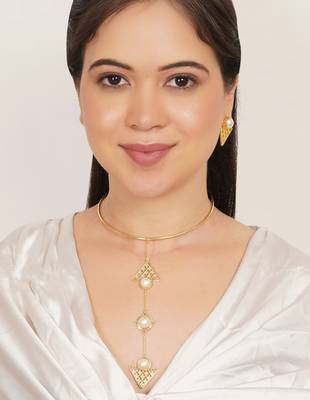 gold brass necklace set with pearl geometric drop 2