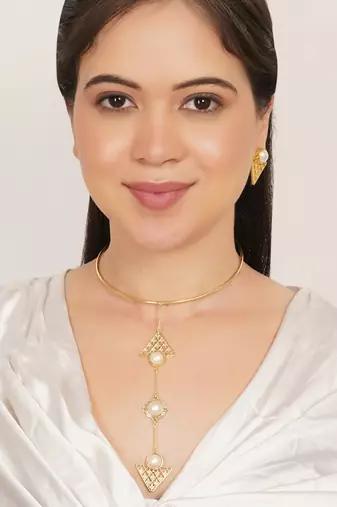 gold brass necklace set with pearl geometric drop
