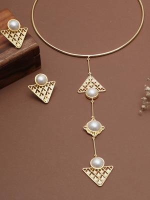 gold brass necklace set with pearl geometric drop 3
