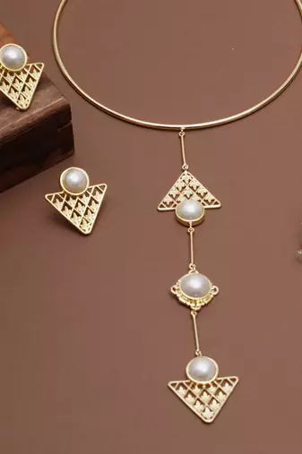 gold brass necklace set with pearl geometric drop