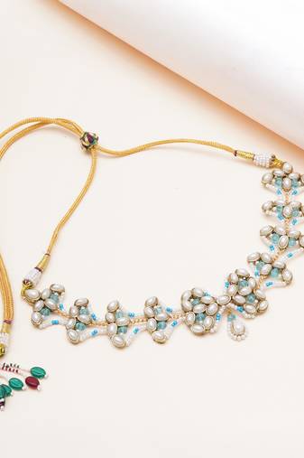 aqua blue alloy necklace with kundan floral work